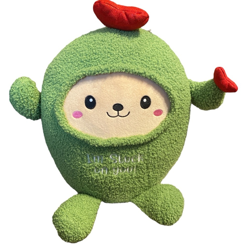 Green Valentines Day stuffed cactus with hearts on head and on branch